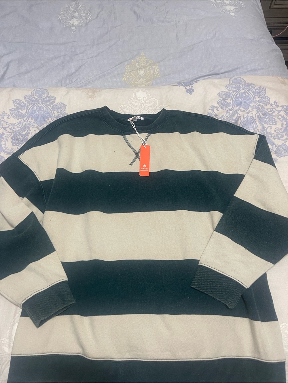 Sundry Oversized Wide-Stripe Crewneck Sweatshirt - green and Cream
